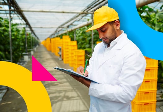 Técnico en inocuidad alimentaria registra datos de control en zona de producción agrícola.