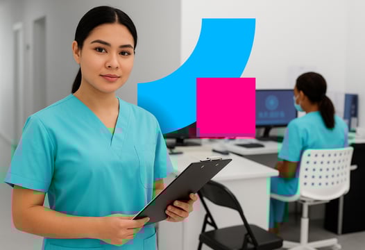 Mujer auxiliar administrativa en salud con planilla en oficina médica.