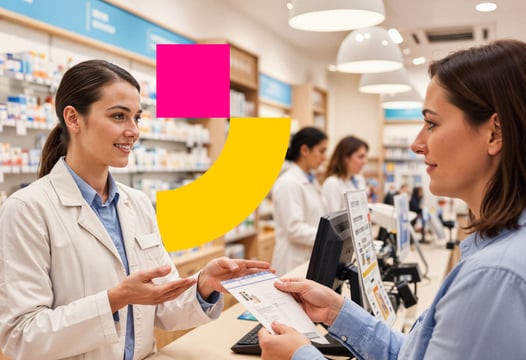 Auxiliar en formación farmacéutica atiende a un cliente en farmacia.
