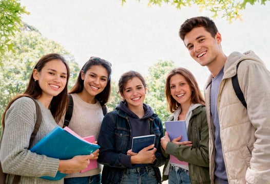 Grupo de jóvenes con cuadernos buscando opciones de financiación para estudiar.