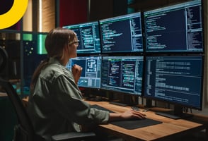 Una especialista en infraestructura tecnológica revisando el centro de datos de su empresa.